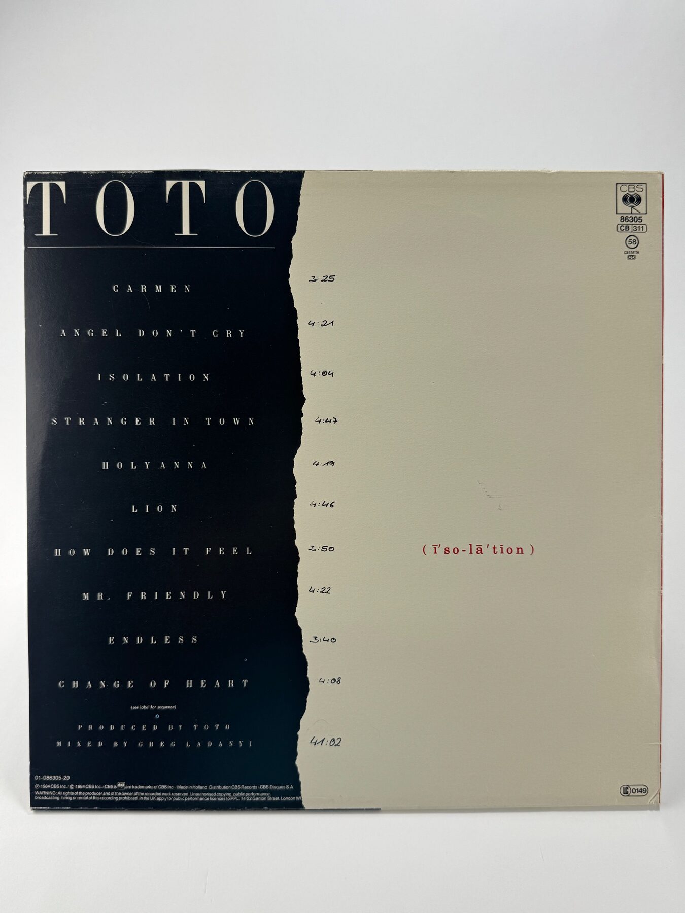 Toto – Isolation Vinyl LP, Cover Rückseite